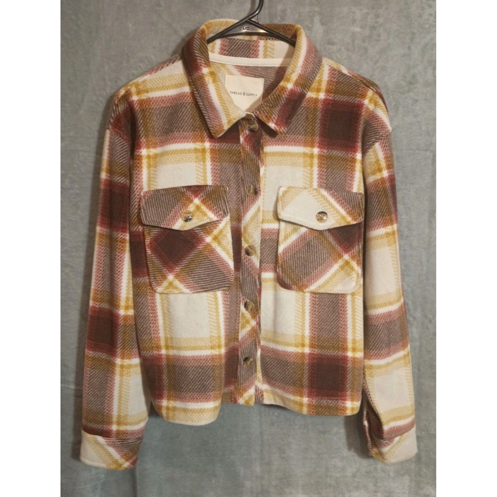 Thread & Supply Brown/Ivory Plaid Boxy Heavy‎ Cropped Jacket/Shacket size S